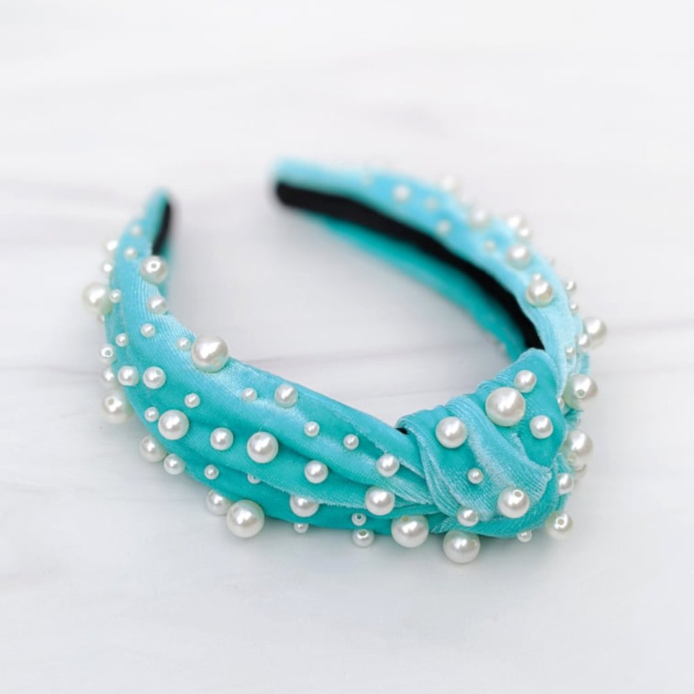 Tiffany Blue Pearl Knot Velvet Headband Pearl Beads Handmade Knotted Turban
